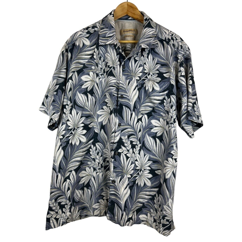 Tommy Bahama Silk Blend Men's XL Blue Palm Aloha Camp Hawaiian Loop Collar Shirt